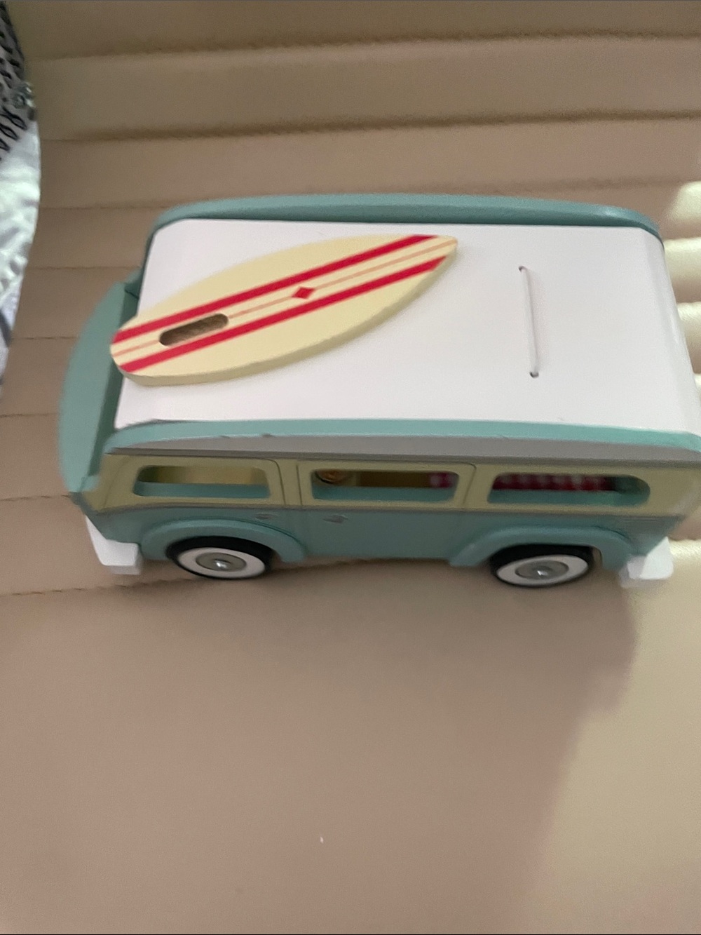 Wooden Retro Camper Van Toy in Mint and Cream with Surfboard - Picture 6 of 8